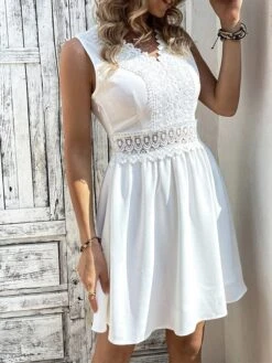 Women's Party Dress Lace Dress Homecoming Dress Midi Dress Black White Sleeveless Pure Color Lace Summer Spring V Neck Fashion Wedding Guest Summer Dress 2023 S M L XL 2XL -Tesla Style vomirq1685081642458