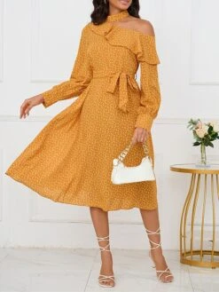 Women's Work Dress Casual Dress Swing Dress Fashion Winter Dress Daily Midi Dress Lace Up Ruched Crew Neck Long Sleeve Floral Loose Fit Yellow Fall Winter S M L XL -Tesla Style voolyq1695645223931