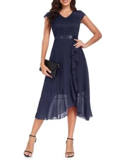 Women's Party Dress Lace Dress Cocktail Dress Midi Dress Black Wine Navy Blue Short Sleeve Pure Color Lace Spring Fall Winter V Neck Fashion Winter Dress Wedding Guest Vacation 2023 S M L XL XXL -Tesla Style vothqm1692179101034