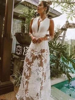 Women's Party Dress Lace Dress White Dress Long Dress Maxi Dress White Sleeveless Floral Lace Spring Summer V Neck Slim S M L XL -Tesla Style vpfbjc1650614625122