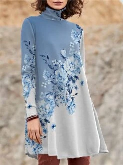 Women's Work Dress Casual Dress Swing Dress Fashion Winter Dress Daily Mini Dress Print Turtleneck Long Sleeve Floral Regular Fit Pink Blue Purple Fall Winter S M L XL XXL -Tesla Style vpfeob1694426124626