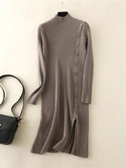 Women's Sweater Dress Jumper Dress Winter Dress Mini Dress Warm Plain Outdoor Daily Vacation Going Out Turtleneck Long Sleeve Button 2023 Slim Black Brown Khaki One Size -Tesla Style vpioaq1697767799785