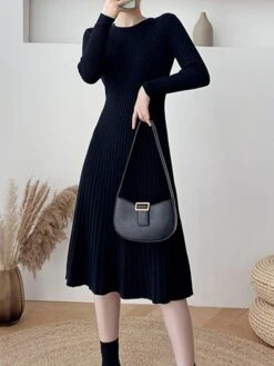 Women's Sweater Dress Jumper Dress Casual Dress Midi Dress Fashion Pure Color Outdoor Daily Going Out Crew Neck Long Sleeve 2023 Slim Black Blue Apricot One Size -Tesla Style vpozmp1696670411252