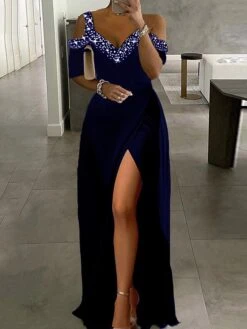 Women‘s Party Dress Black Dress Formal Dress Formal Evening Party Graduation Long Dress Maxi Dress Fashion Party V Neck Short Sleeve Patchwork Split 2023 Black Pure Color S M L XL 2XL -Tesla Style vprlen1680084233372