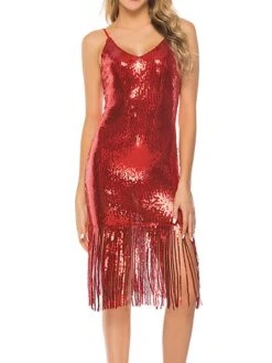 Women‘s Party Dress Fringe Dress Sequin Dress Midi Dress Silver Black Champagne Sleeveless Pure Color Sparkly Glitter Sequins Summer Spring Fall Spaghetti Strap Fashion Vacation Slim 2023 -Tesla Style vpsiev1692770448981