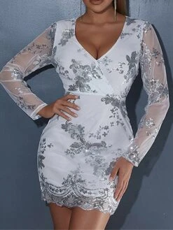 Women‘s Party Dress Sequin Dress Homecoming Dress Cocktail Dress Mini Dress Silver Black White Long Sleeve Floral Sequins Sparkly Glitter Spring Fall Winter V Neck Fashion Wedding Guest Birthday -Tesla Style vptczn1692683033451