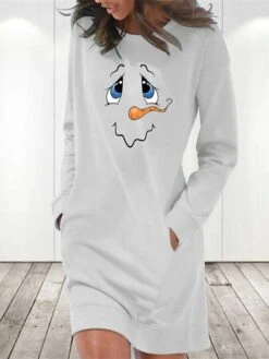 Women‘s Christmas Casual Dress Hoodie Dress Light Blue Grey White Long Sleeve Snowman Pocket Print Winter Fall Crew Neck Stylish Casual Fall Dress Loose Fit 2022 S M L XL 2XL / Cotton / Winter Dress -Tesla Style vqflol1665747118620