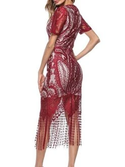 Women's Party Dress Fringe Dress Lace Dress Midi Dress Black Wine Blue Short Sleeve Floral Tassel Fringe Spring Fall Winter V Neck Fashion Birthday Wedding Guest Vacation 2023 S M L XL XXL -Tesla Style vqgnsf1692859189526