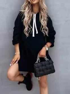 Women's Casual Dress Hoodie Dress Plain Dress Mini Dress Pocket Split Outdoor Street Daily Active Fashion Hooded Long Sleeve 2023 Loose Fit Black White Orange Color S M L XL XXL Size -Tesla Style vqgxob1693558026097