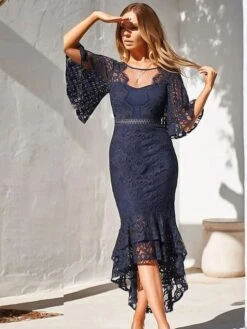 Women‘s Wedding Guest Dress Party Dress Sheath Dress Lace Midi Dress White Red Wine Dark Blue Half Sleeve Pure Color Pure Color Fall Spring Autumn Sweetheart Elegant Spring Dress 2022 S M L XL -Tesla Style vqhieh1626347518962