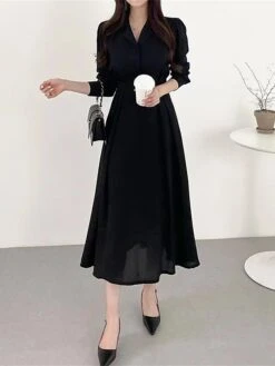 Women's Work Dress Semi Formal Dress A Line Dress Fashion Office Daily Workfashion Midi Dress Ruched Button Shirt Collar Long Sleeve Plain Loose Fit Black Brown Apricot Fall Winter S M L XL -Tesla Style vqqyjd1695805450278