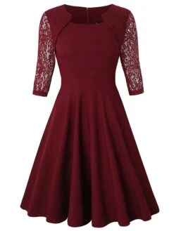 Women's Casual Dress Swing Dress Green Dress Midi Dress Wine Green 3/4 Length Sleeve Pure Color Lace Summer Spring Square Neck Party Slim 2023 S M L XL XXL -Tesla Style vqrthy1639377943817