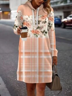 Women's Casual Dress Hoodie Dress Mini Dress Warm Fashion Outdoor Holiday Vacation V Neck Print Graphic Floral Geometric Loose Fit Black Yellow Pink S M L XL XXL -Tesla Style vqrwzx1693535877235