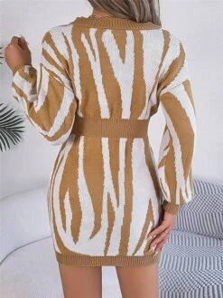 Women's Sweater Dress Winter Dress Jumper Dress Mini Dress Warm Stripe Outdoor Casual Holiday Vacation V Neck Long Sleeve Patchwork 2023 Loose Fit Green Khaki Rose Red S M L -Tesla Style vqxfsd1696926510435