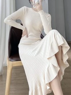 Women's Sweater Dress Jumper Dress Casual Dress Midi Dress Fashion Pure Color Outdoor Daily Vacation Going Out Crew Neck Long Sleeve Ruffle Patchwork 2023 Regular Fit Black Pink Beige One Size -Tesla Style vrnznj1695364498402