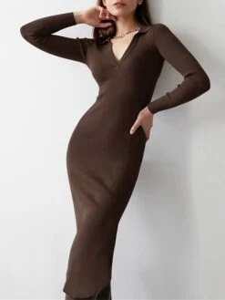 Women's Sweater Dress Winter Dress Jumper Dress Midi Dress Ruched Street Daily Holiday Fashion Streetwear V Neck Long Sleeve 2023 Regular Fit Black White Dark Gray Color S M L Size -Tesla Style vszngn1692938580509