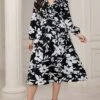 Women's Work Dress Casual Dress Swing Dress Fashion Winter Dress Daily Midi Dress Ruched Print V Neck Long Sleeve Floral Loose Fit Black Fall Winter S M L XL