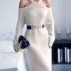 Women's Sweater Dress Winter Dress Jumper Dress Midi Dress Cold Shoulder Daily Date Going Out Fashion Basic Strap Long Sleeve 2023 Loose Fit Apricot Color S M L Size -Tesla Style vunuoy1695033143020