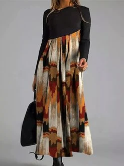 Women's Work Dress Casual Dress Paisley Dress Fashion Winter Dress Daily Long Dress Maxi Dress Button Print V Neck Long Sleeve Geometric Paisley Regular Fit Yellow Blue Orange Fall Winter S M L XL XXL -Tesla Style vunxxt1695096216243