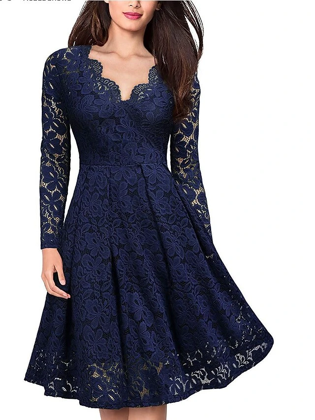 Women‘s Party Dress Wedding Guest Dress Lace Dress Dress Knee Length Dress Black Wine Navy Blue Long Sleeve Pure Color Lace Winter Fall Spring V Neck Elegant Winter Dress Office 2023 S M L XL XXL 3XL 12 Women‘s Party Dress Wedding Guest Dress Lace Dress Dress Knee Length Dress Black Wine Navy Blue Long Sleeve Pure Color Lace Winter Fall Spring V Neck Elegant Winter Dress Office 2023 S M L XL XXL 3XL - Image 10
