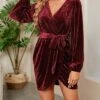 Women's Party Dress Velvet Dress Cocktail Dress Mini Dress Wine Long Sleeve Pure Color Lace Up Spring Fall Winter V Neck Fashion Winter Dress Wedding Guest Vacation 2023 S M L XL XXL -Tesla Style vvfbyf1692167105246