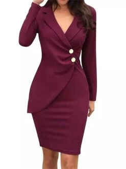 Women's Work Dress Sheath Dress Semi Formal Dress Fashion Office Daily Workfashion Midi Dress Button Lapel Long Sleeve Plain Regular Fit Black Wine Fuchsia Fall Winter S M L XL XXL -Tesla Style vvjejc1695645167237