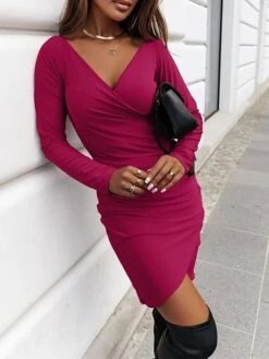 Women's Work Dress Sheath Dress Black Dress Fashion Winter Dress Office Daily Mini Dress Ruched V Neck Long Sleeve Plain Loose Fit Black Red Green Fall Winter S M L XL XXL -Tesla Style vvjvbn1695031001579