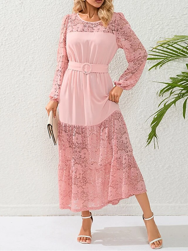 Women's Prom Dress Party Dress Lace Dress Long Dress Maxi Dress Black Pink Red Long Sleeve Pure Color Lace Spring Fall Winter Crew Neck Fashion Winter Dress Birthday Evening Party 2023 S M L XL XXL 5 Women's Prom Dress Party Dress Lace Dress Long Dress Maxi Dress Black Pink Red Long Sleeve Pure Color Lace Spring Fall Winter Crew Neck Fashion Winter Dress Birthday Evening Party 2023 S M L XL XXL - Image 3