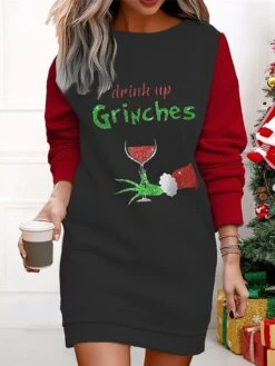 Women's Casual Dress Sweatshirt Dress Mini Dress Warm Fashion Outdoor Christmas Vacation Crew Neck Print Geometric Print Monster Loose Fit Black Wine Red S M L XL XXL -Tesla Style vvmzql1695365300833