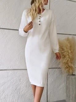 Women's Sweater Dress Winter Dress Jumper Dress Midi Dress Button Outdoor Work Street Fashion Modern Crew Neck Long Sleeve 2023 Loose Fit Black White Blue Color S M L XL Size -Tesla Style vvtixa1694602804098