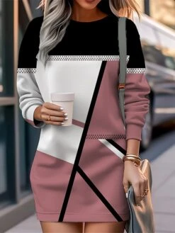 Women's Casual Dress Sweatshirt Dress Mini Dress Warm Fashion Outdoor Vacation Going Out Crew Neck Print Geometric Loose Fit Pink Royal Blue Blue S M L XL XXL -Tesla Style vvtroz1694576822173