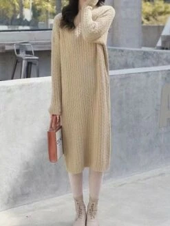 Women's Sweater Dress Jumper Dress Casual Dress Midi Dress Fashion Pure Color Outdoor Daily Vacation Going Out V Neck Long Sleeve Patchwork 2023 Regular Fit Black Khaki Beige One Size -Tesla Style vvykkj1695268443139