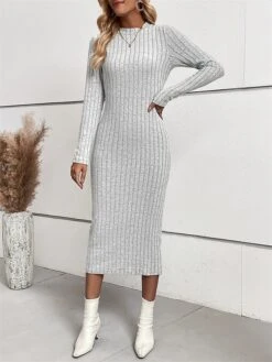 Women's Sweater Dress Winter Dress Jumper Dress Midi Dress Ribbed Outdoor Work Street Fashion Modern Crew Neck Long Sleeve 2023 Slim Light Grey Color S M L XL Size -Tesla Style vwhiza1694594775663