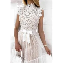 Women's Party Dress Lace Dress Homecoming Dress Midi Dress Black White Pink Sleeveless Pure Color Patchwork Summer Spring Fall Stand Collar Fashion Party Birthday Wedding Guest 2023 S M L XL XXL -Tesla Style vwyssu1676871838884