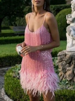 Women‘s Party Dress Fringe Dress Sequin Dress Mini Dress White Pink Blue Sleeveless Pure Color Sequins Winter Fall Summer Spaghetti Strap Party Party Weekend 2023 S M L XL XXL -Tesla Style vwzhfx1660214315282