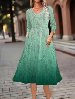 Women's Work Dress Swing Dress A Line Dress Fashion Midi Dress Pocket Print V Neck 3/4 Length Sleeve Floral Geometric Regular Fit White Blue Green Fall Winter S M L XL XXL