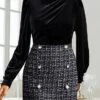 Women's Work Dress Sheath Dress Semi Formal Dress Fashion Office Daily Workfashion Mini Dress Patchwork Button Stand Collar Long Sleeve Plaid Slim Black Fall Winter S M L -Tesla Style vxpigl1695030987212