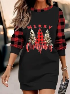 Women's Christmas Casual Dress Sweatshirt Dress Mini Dress Warm Fashion Outdoor Vacation Crew Neck Print Snowman Hat Loose Fit Black White Wine S M L XL XXL -Tesla Style vxziuy1695371442418