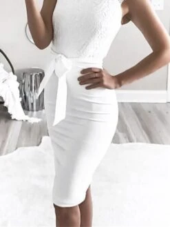 Women's Party Dress Cocktail Dress Wedding Guest Dress Midi Dress White Sleeveless Pure Color Lace Up Summer Spring Crew Neck Fashion Wedding Guest Vacation Summer Dress 2023 S M L XL 2XL -Tesla Style vyhepn1684994466124
