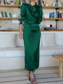 Women's Work Dress Satin Dress Semi Formal Dress Fashion Long Dress Maxi Dress Split Stand Collar Long Sleeve Plain Regular Fit Black Blue Sky Blue Fall Winter S M L XL -Tesla Style vymwzc1692761652103