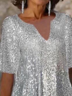 Women's Wedding Guest Dress Party Dress Sequin Dress Midi Dress Silver Short Sleeve Pure Color Sequins Summer Spring Split Neck Party Office Vacation Summer Dress S M L XL 2XL 3XL -Tesla Style vyqbir1680749947148