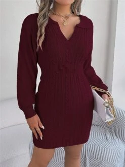 Women's Sweater Dress Winter Dress Jumper Dress Mini Dress Warm Pure Color Outdoor Casual Holiday Vacation V Neck Long Sleeve 2023 Regular Fit Pink Burgundy Green S M L -Tesla Style vytaiz1696926504516