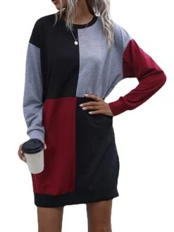 Women's Casual Dress Hoodie Dress Mini Dress Fashion Daily Outdoor Home Vacation Crew Neck Patchwork Print Loose Fit Blue Army Green Dark Gray S M L XL -Tesla Style vywqkp1693535793430