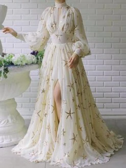 Women's Party Dress Sequin Dress Homecoming Dress Long Dress Maxi Dress Light Yellow Long Sleeve Star Sequins Fall Winter Autumn Stand Collar Modern Fall Dress 2023 S M L XL XXL