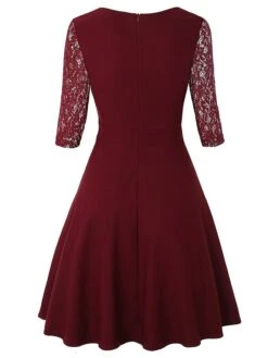 Women's Casual Dress Swing Dress Green Dress Midi Dress Wine Green 3/4 Length Sleeve Pure Color Lace Summer Spring Square Neck Party Slim 2023 S M L XL XXL -Tesla Style vyylmv1639385448645