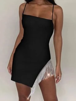 Women's Party Dress Fringe Dress Homecoming Dress Mini Dress Black White Sleeveless Pure Color Tassel Fringe Summer Spring Spaghetti Strap Hot Slim 2023 S M L