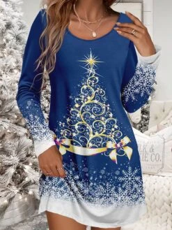 Women's Christmas Work Dress Casual Dress Winter Dress Daily Mini Dress Print Crew Neck Long Sleeve Tree Loose Fit Wine Navy Blue Brown Fall Winter -Tesla Style vzmnsn1695103252994