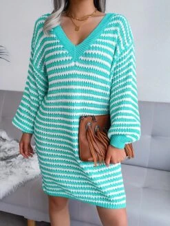 Women's Sweater Dress Jumper Dress Casual Dress Mini Dress Active Multicolor Outdoor Casual Daily Holiday V Neck Long Sleeve Patchwork 2023 Loose Fit Pink Blue Khaki S M L -Tesla Style vznlaj1692947775593