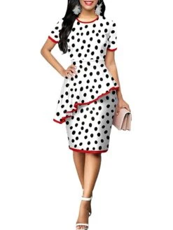 Women's Sheath Dress Church Dress Midi Dress White Short Sleeve Polka Dot Ruffle Summer Spring Crew Neck Work 2023 S M L XL XXL -Tesla Style vznmxp1630307982543