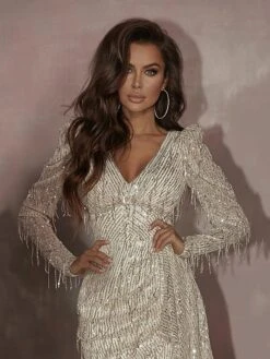 Women‘s Party Dress Fringe Dress Sequin Dress Homecoming Dress Mini Dress White Long Sleeve Pure Color Sequins Winter Fall Autumn V Neck Fashion Winter Dress Daily Evening Party 2022 S M L XL XXL -Tesla Style vznvbj1668596578802